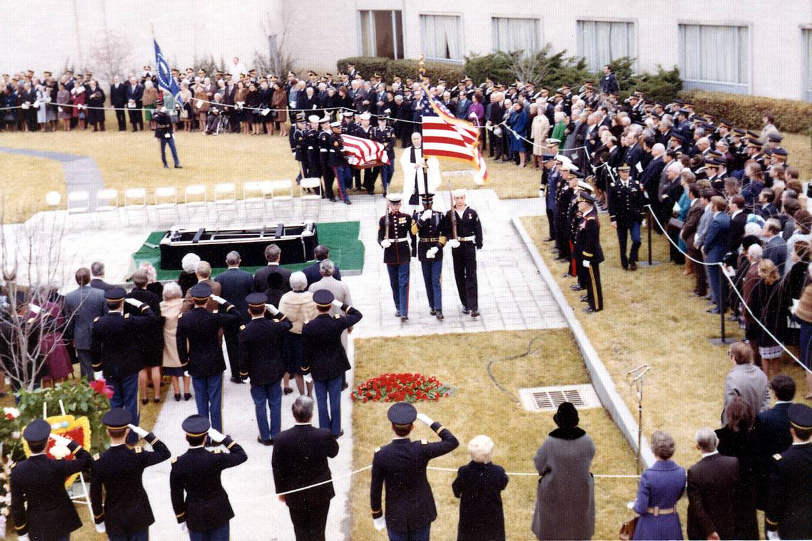 President Harry S. Truman’s body arrives for interment at the Truman Library courtyard on Dec. 28, 1972.