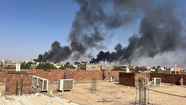 PHOTO: In this photo provided by Maheen S., smoke fills the sky in Khartoum, Sudan, near Doha International Hospital on April 21, 2023. (Maheen S via AP)