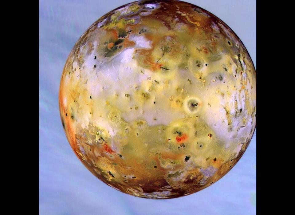 <a href="http://www.nasa.gov/multimedia/imagegallery/image_feature_764.html" target="_hplink">Io</a> is the closest large moon of <a href="http://www.mnn.com/eco-glossary/jupiter" target="_hplink">Jupiter</a> and was named for a priestess of Hera who became one of the lovers of Zeus. Io has the most volcanic activity of any moon in the <a href="http://www.mnn.com/eco-glossary/solar" target="_hplink">solar</a> system, and its entire surface is covered with lava every few thousand years. <a href="http://www.nasa.gov/multimedia/imagegallery/image_feature_764.html" target="_hplink">NASA notes</a> that this photo is based on real infrared, green and ultraviolet-light images and has only been adjusted to show the contrast. <a href="http://solarsystem.nasa.gov/planets/profile.cfm?Object=Io" target="_hplink">Io</a> has an irregular elliptical orbit and is slightly larger than our own moon. It was discovered in 1610 by Galileo.