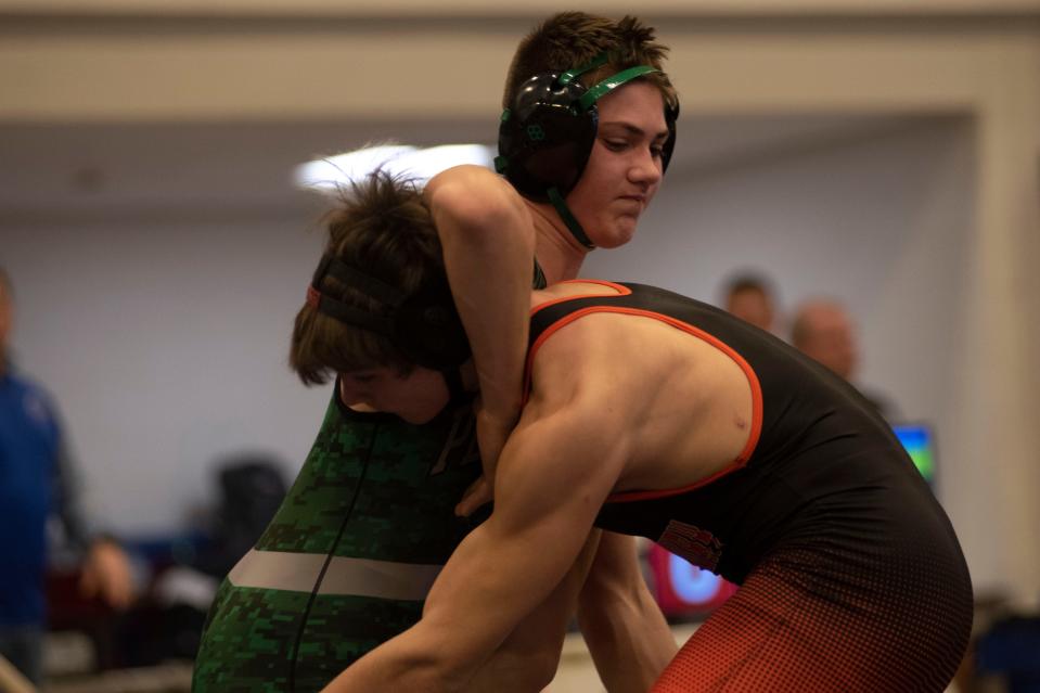 Pennridge's Talan Hogan and Pennsbury's Benjamin Primich wrestle  in 160 pounds during District One wrestling championship at Quakertown High School on Saturday, Feb. 26, 2022.