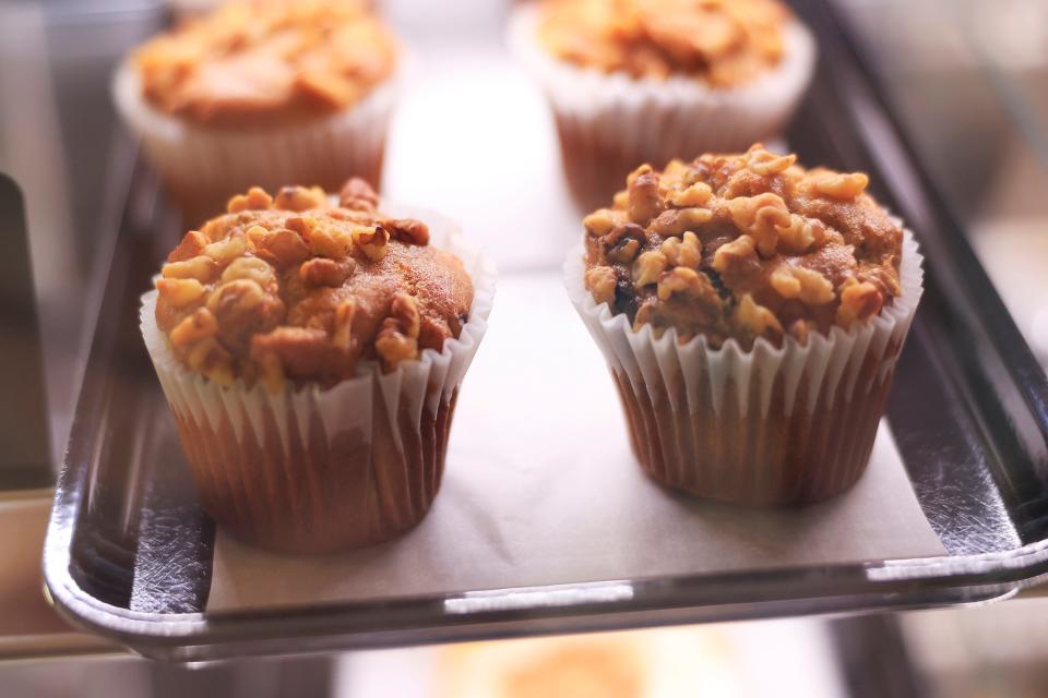 Gluten-free banana nut muffins on display at DOS Coffee & Wine, 4853 Big Island Drive, No. 3, in Town Center Plaza adjacent to St. Johns Town Center. The specialty coffee and wine bar shares the storefront with Mayday Handcrafted Ice Cream.