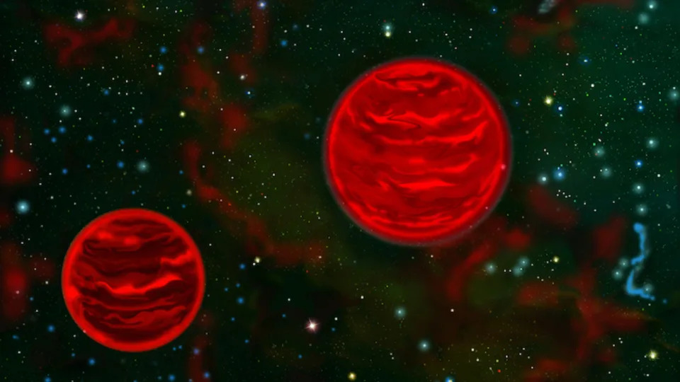 Two red orbs are illustrated on a black background with various streaks and spots.