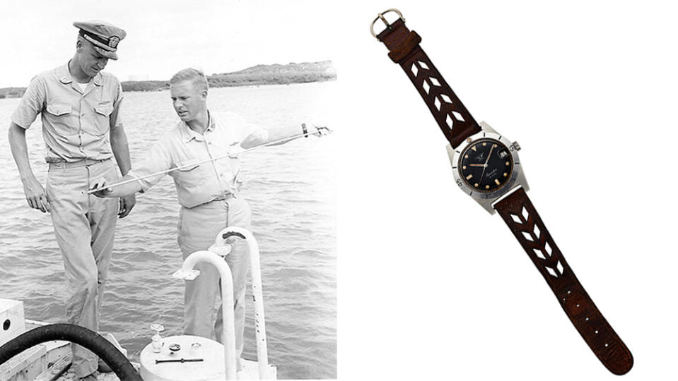 Left to right: Captain Don Walsh wearing the timepiece; the JeanRichard Aquastar 60 headed to auction