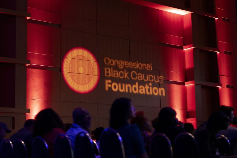 The audience listens to a panel discussion about threats to democracy at the Congressional Black Caucus Foundation’s annual legislative conference, Thursday, Sept. 21, 2023, in Washington. (AP Photo/Stephanie Scarbrough)