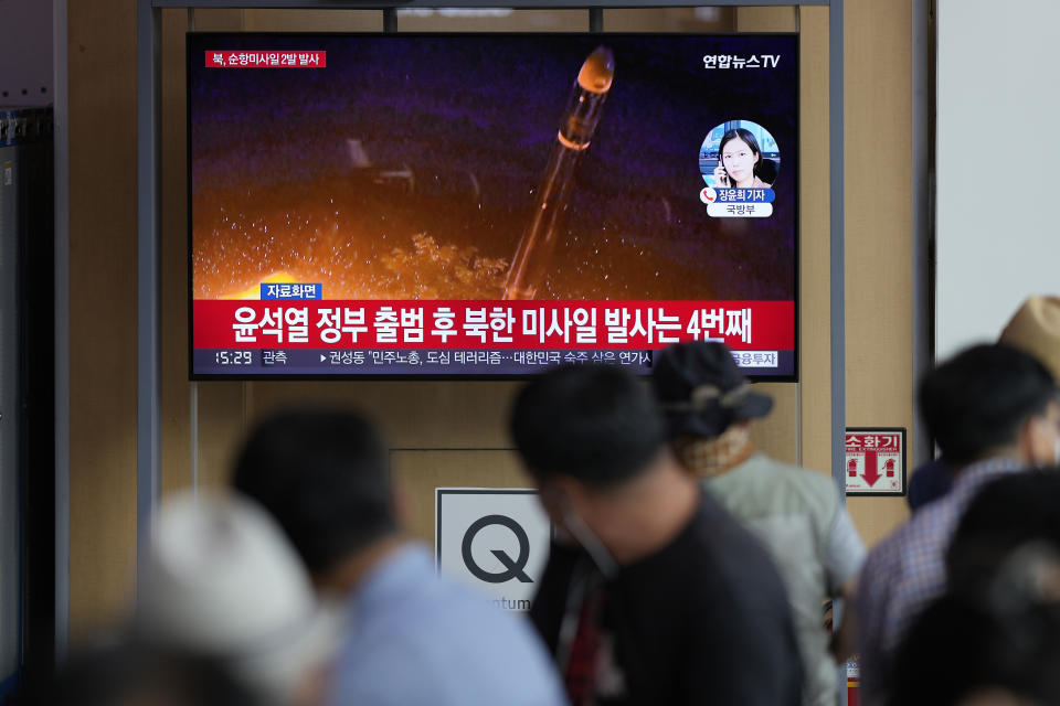 A TV screen showing a news program reporting about North Korea's missile launch with file image, is seen at the Seoul Railway Station in Seoul, South Korea, Wednesday, Aug. 17, 2022. South Korean President Yoon Suk Yeol said Wednesday his government has no plans to pursue its own nuclear deterrent in the face of growing North Korean nuclear weapons capabilities, even as the North fired two suspected cruise missiles toward the sea in the latest display of an expanding arsenal. (AP Photo/Lee Jin-man)