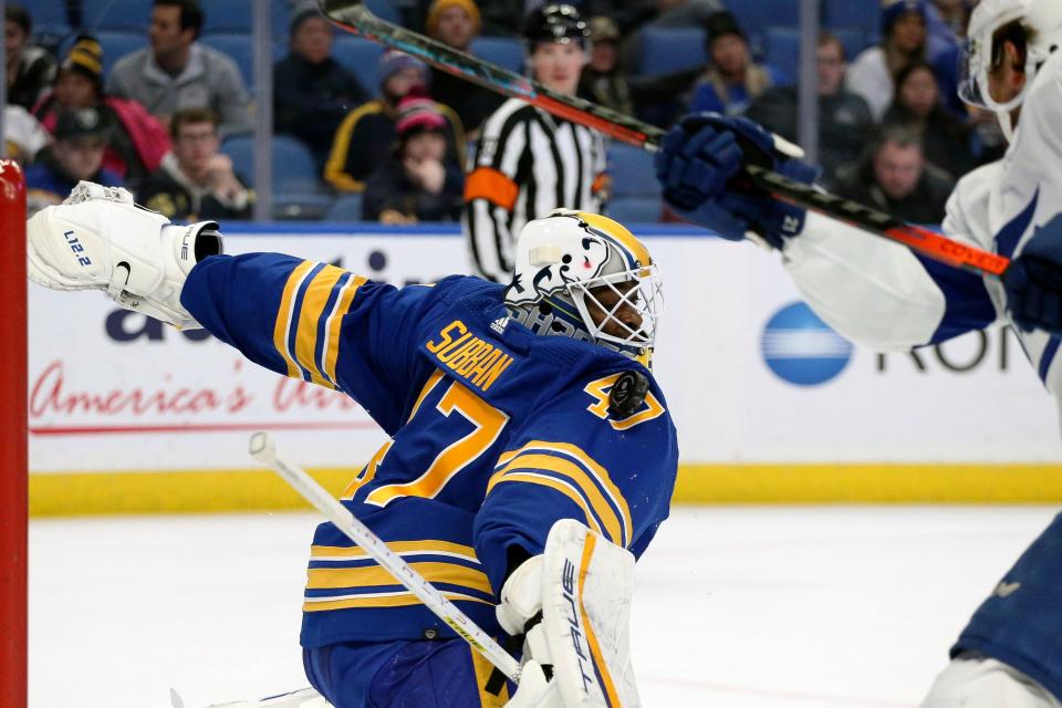 Malcolm Subban in action for the Sabres in the last NHL game he played back in January 2022.