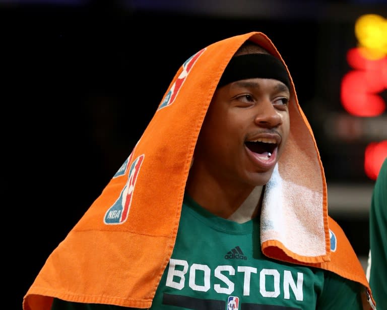 Isaiah Thomas of the Boston Celtics celebates a teammate's shot in the second half against the New York Knicks, at Madison Square Garden in New York, on April 2, 2017