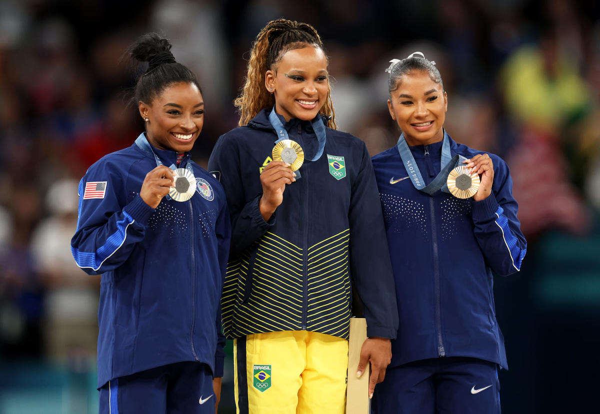 Rebeca Andrade, Simone Biles and Jordan Chiles form Olympic gymnastics