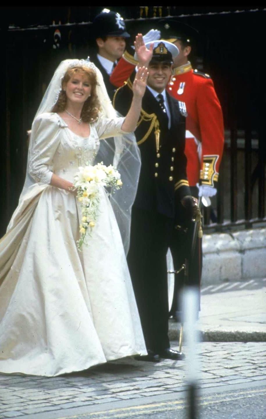<p>Sarah Ferguson became Duchess of York in Lindka Cierach at her marriage to Prince Andrew in 1986. Fun fact: Her gown's embroidery featured bumblebees and anchors.</p>
