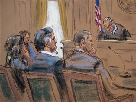 Former Guatemalan President Alfonso Portillo (middle) appears appears before Judge Robert Patterson (R) in court in New York in this March 18, 2014 court sketch. REUTERS/Jane Rosenberg