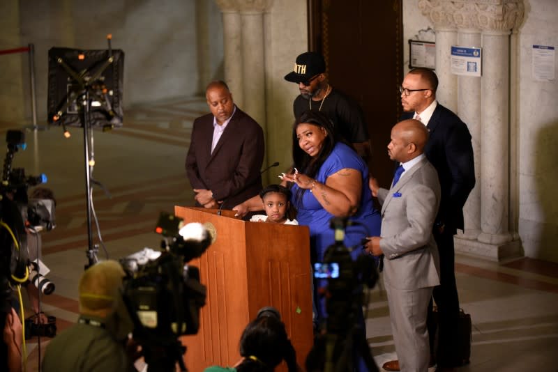 Roxie Washington, the mother of Geroge Floyd's 6-year-old daughter Gianna Floyd, addresses the press alongside her and their lawyers, at Minneapolis City Hall following the death in Minneapolis police custody of George Floyd