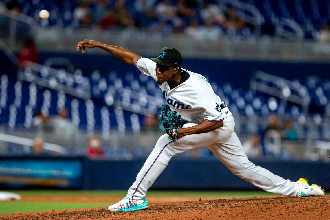 Miami Marlins pitcher Huascar Brazoban (81) throws the ball during the seventh inning of an MLB game against the Philadelphia Phillies at loanDepot park in the Little Havana neighborhood of Miami, Florida, on Wednesday, September 14, 2022.