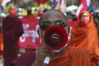 Monks shout slogans during a protest against the Feb. 1 military coup in Mandalay, Myanmar, Saturday, March 6, 2021. The U.N. special envoy for Myanmar on Friday called for urgent Security Council action, saying about 50 peaceful protesters were killed and scores were injured in the military's worst crackdowns this week. (AP Photo)