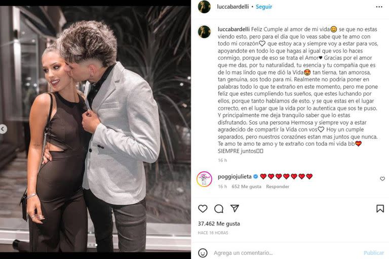 El posteo de Lucca Bardelli para dedicarle un feliz cumpleaños a su novia, Julieta Poggio, una de las participantes más queridas de Gran Hermano