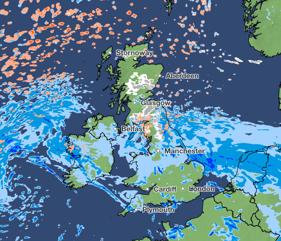 Rain and snow are expected across large parts of the country at the end of the week. (Met Office)