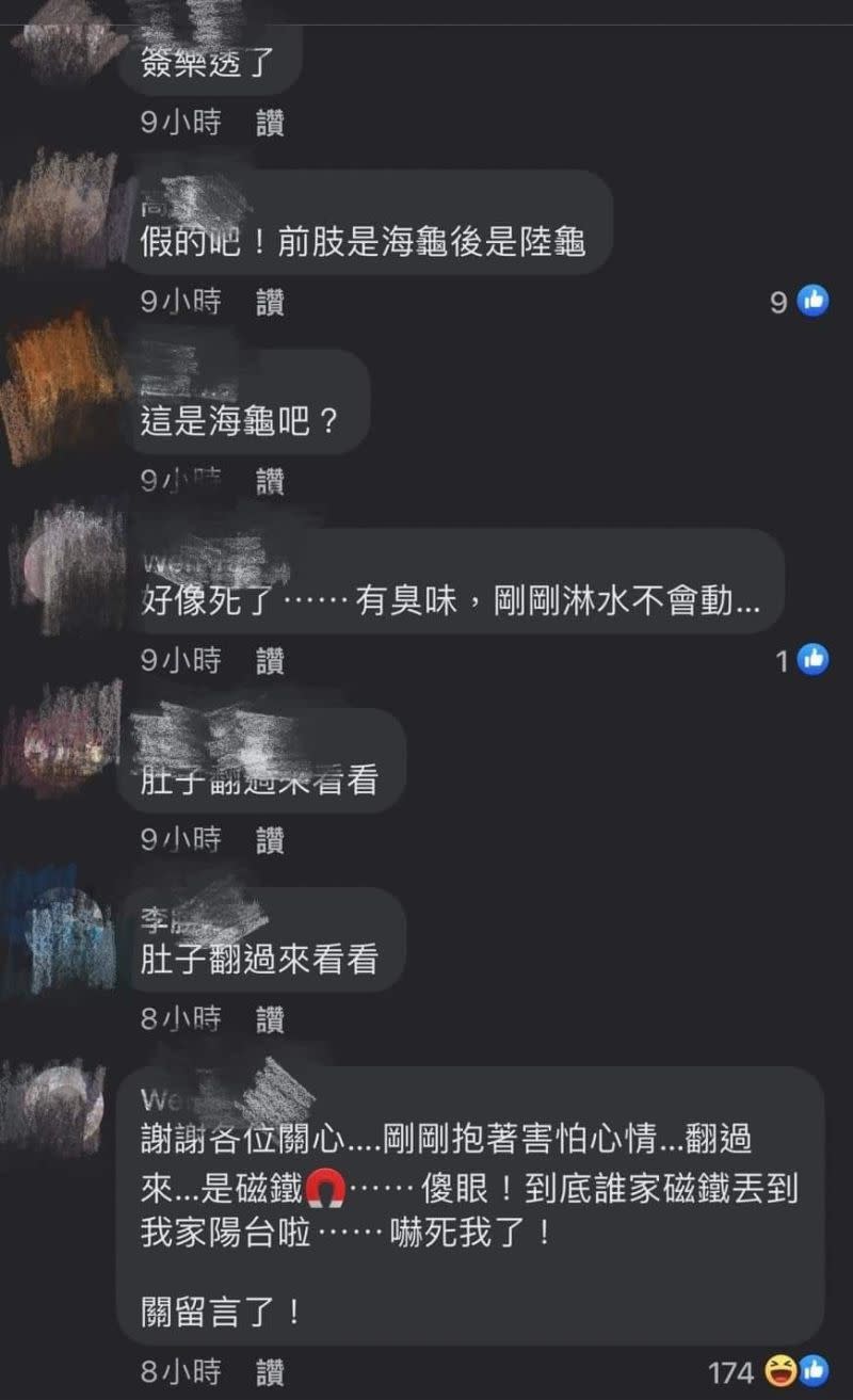 ▲原PO鼓起勇氣將烏龜翻肚，卻驚覺原來那只是一塊磁鐵。（圖／翻攝自爆料公社一日小編）