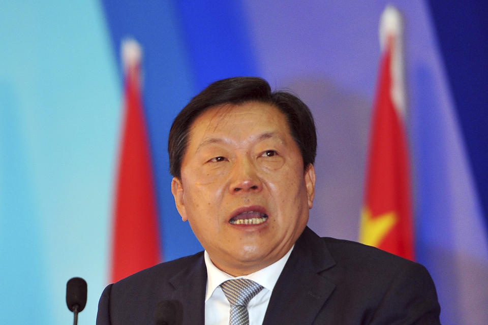 In this Sept. 13, 2015, photo, Lu Wei, then deputy head of the Propaganda Department of the Communist Party of China, speaks at a forum in Nanning in southern China's Guangxi Zhuang Autonomous Region. China's former internet censor, who once held high-profile meetings with industry leaders such as Apple chief executive Tim Cook and Facebook founder Mark Zuckerberg, was standing trial Friday, Oct. 19, 2018 on corruption allegations, state media reported. (Chinatopix via AP)