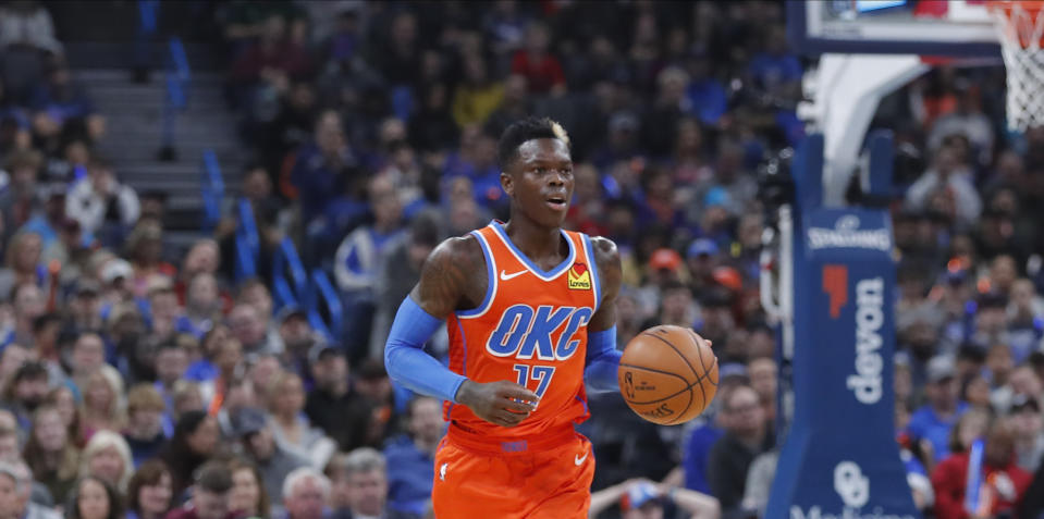 Oklahoma City Thunder guard Dennis Schroder (17) dribbles downcourt against the Los Angeles Clippers during the second quarter of an NBA basketball game Sunday, Dec. 22, 2019, in Oklahoma City. (AP Photo/Alonzo Adams)