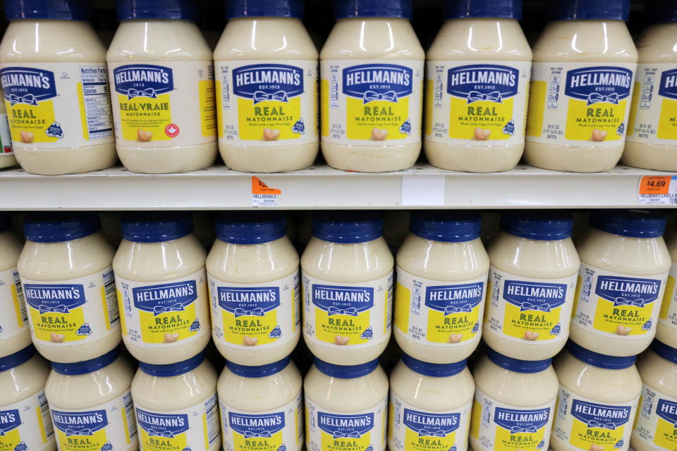 Hellmann's, a brand of Unilever, is seen on display in a store in Manhattan, New York City, U.S., March 24, 2022. REUTERS/Andrew Kelly