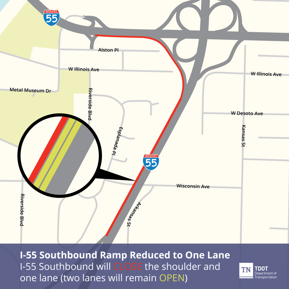 A map of the lane closures along I-55 Southbound starting June 6.