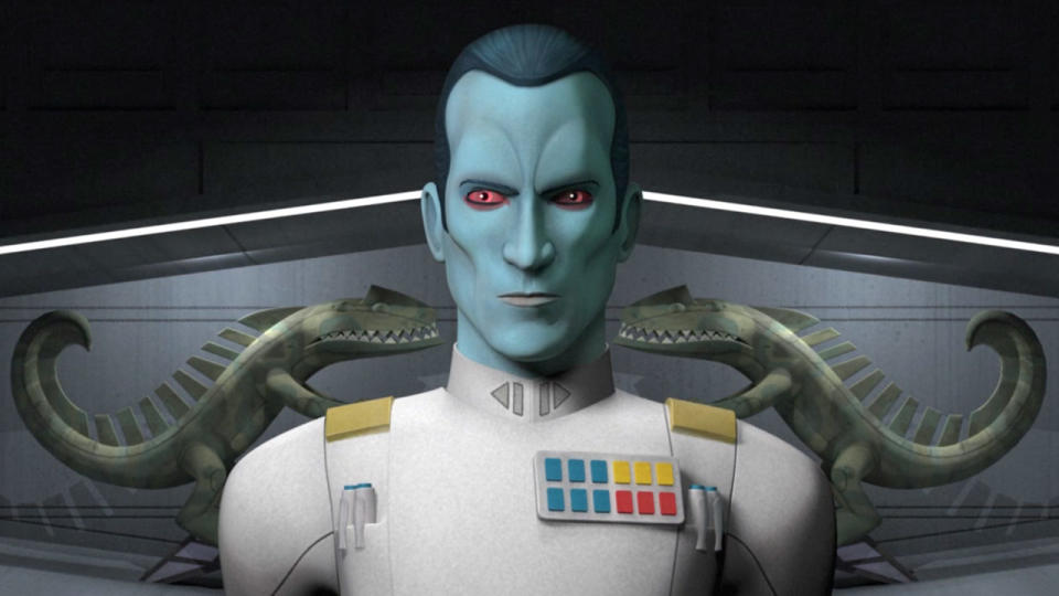 The blue-skinned Grand Admiral Thrawn in his white Imperial suit from Star Wars Rebels