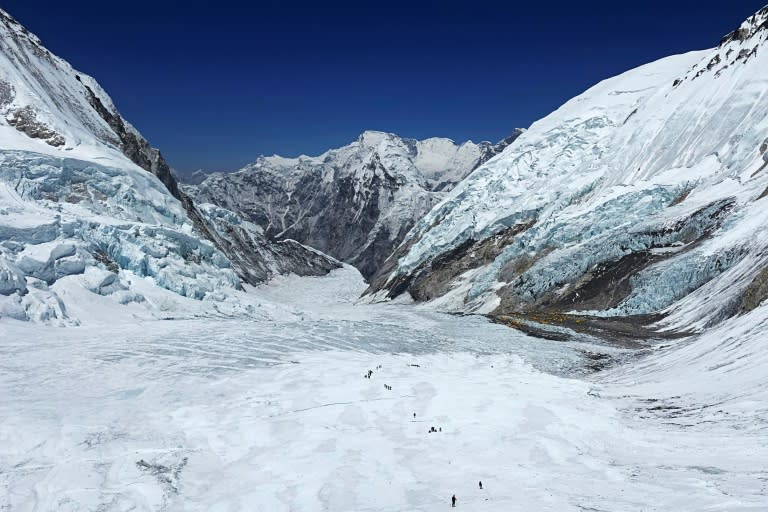 Mountaineers at the Khumbu Glacier during their ascent of Mount Everest, seen in this photograph from May 3 (Tsering Pemba Sherpa)
