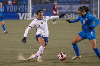 U.S. forward Sophia Smith (11) dribbles past Iceland defender Hallbera Gudny Gisladottir (11) during the second half of a SheBelieves Cup soccer match Wednesday, Feb. 23, 2022, in Frisco, Texas. The United States won 5-0. (AP Photo/Jeffrey McWhorter)
