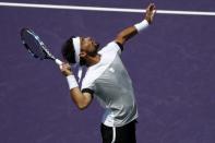 Mar 31, 2017; Miami, FL, USA; Fabio Fognini of Italy serves against Rafael Nadal of Spain (not pictured) during a men's singles semi-final in the 2017 Miami Open at Brandon Park Tennis Center. Nadal won 6-1, 7-5. Geoff Burke-USA TODAY Sports