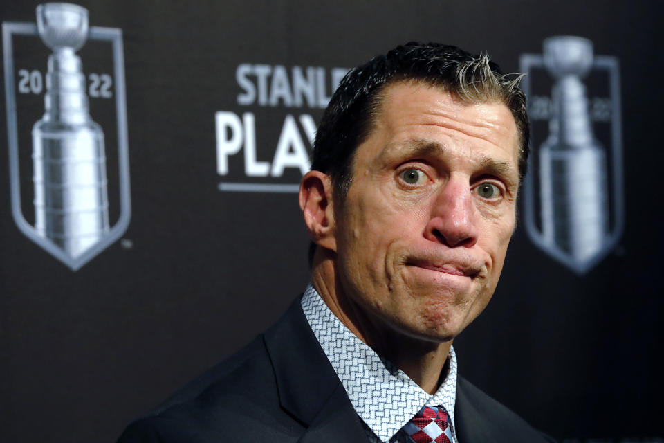 Carolina Hurricanes coach Rod Brind'Amour speaks during a news conference following the team's win over the Boston Bruins in Game 7 of an NHL hockey Stanley Cup first-round playoff series in Raleigh, N.C., Saturday, May 14, 2022. (AP Photo/Karl B DeBlaker)