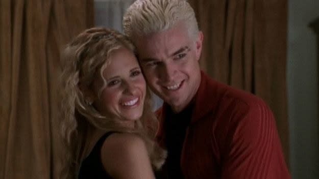 "Buffy" characters Buffy and Spike embracing in a hug