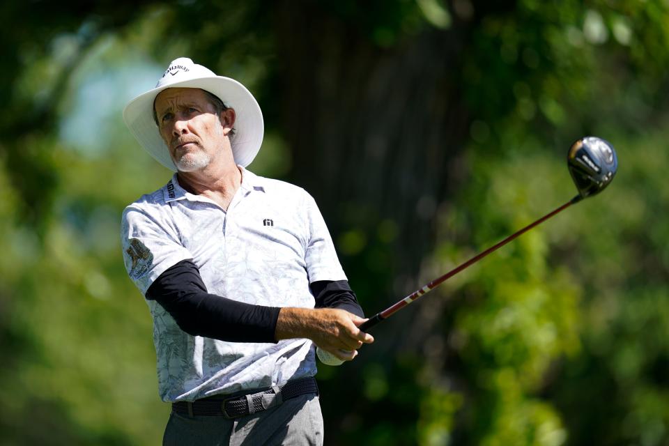 Stuart Appleby, of Australia, watches his shot off the third tee during the first round of the PGA Tour Champions Principal Charity Classic golf tournament, Friday, June 3, 2022, in Des Moines, Iowa.