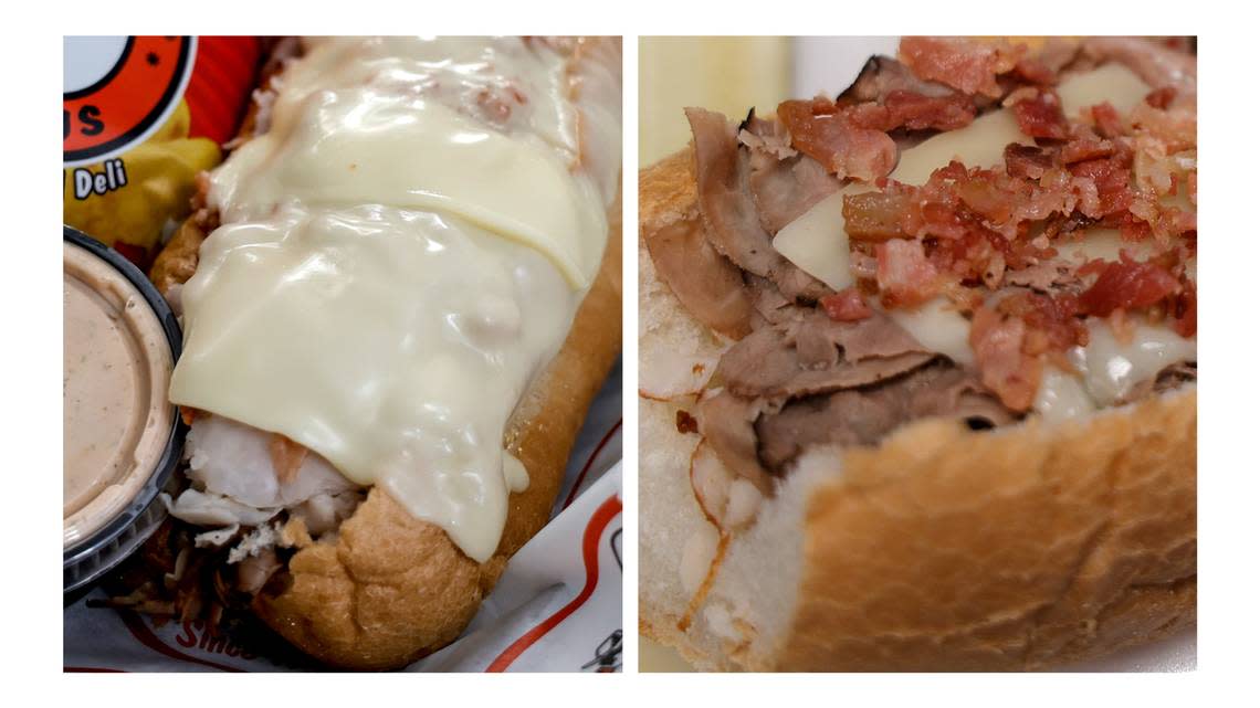 The STP Dipper, from Groucho’s Deli, left, and the Andy’s Special from Andy’s Deli are variations on a sandwich found at many restaurants in Columbia. The sandwich features turkey, roast beef, Swiss cheese and bacon bits.