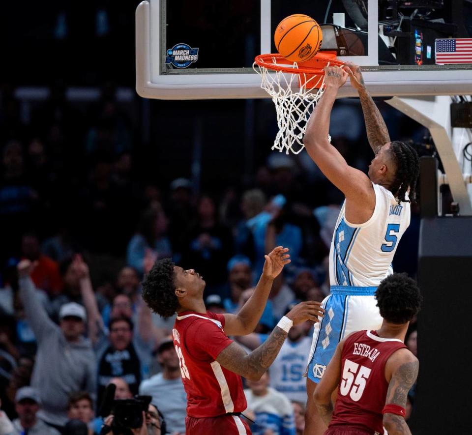 North Carolina’s Armando Bacot (5) misses a dunk in the second half against Alabama during the NCAA Sweet 16 on Thursday, March 28, 2024 at Crypto.com Arena in Los Angeles, CA.