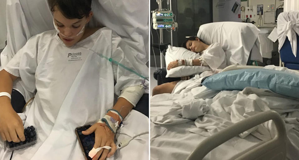 Adam Jay, 13, is pictured in a hospital bed.