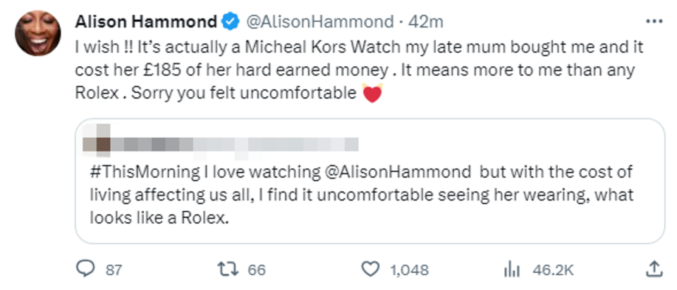Alison Hammond responds to a tweet about her ‘Rolex' (Twitter / Alison Hammond)