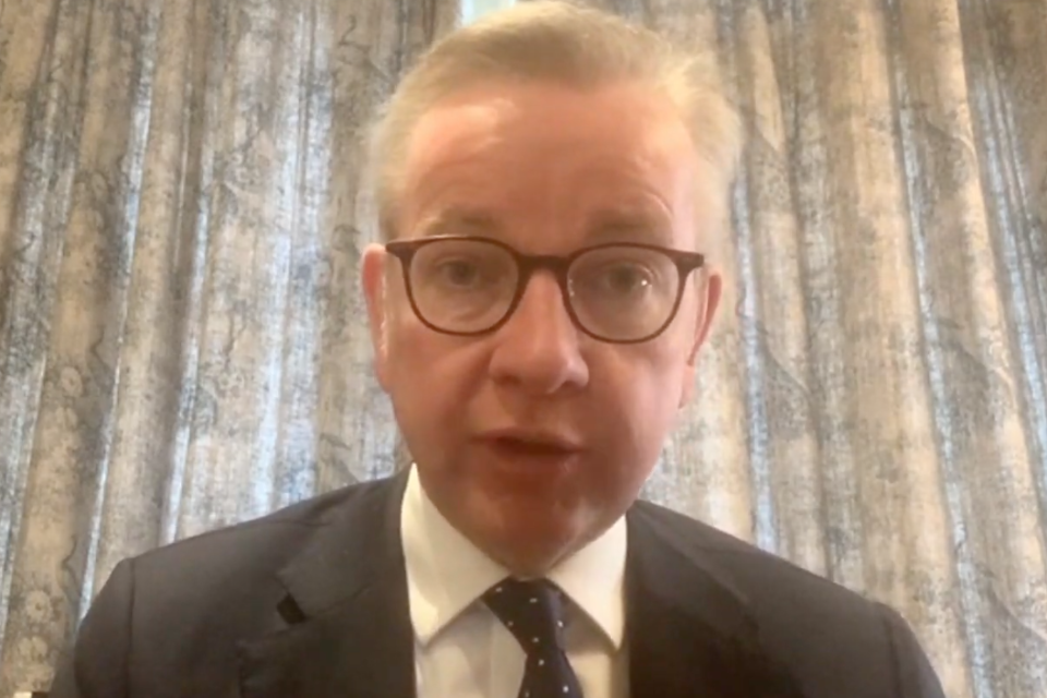 Michael Gove, pictured during an interview from home, is self-isolating (Sky News)