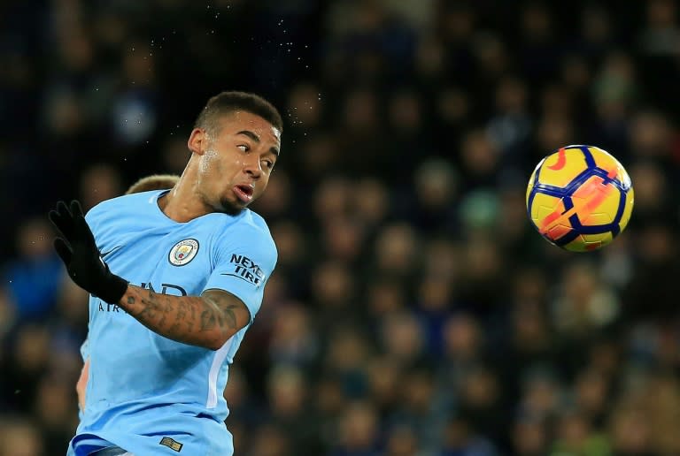 Manchester City's Gabriel Jesus heads the ball during their match against Leicester City at King Power Stadium in Leicester, central England on November 18, 2017