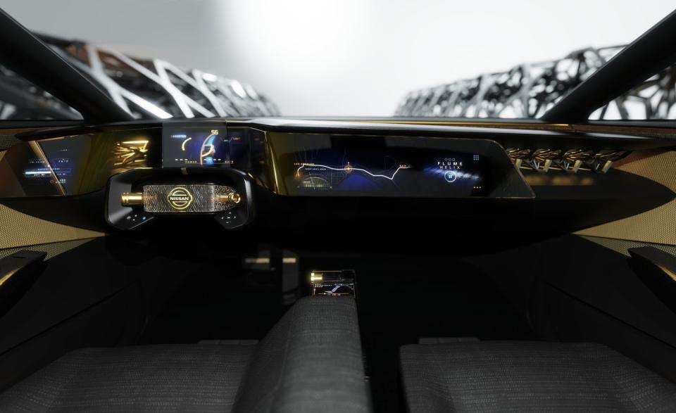 <p>The most intricate design comes from an instrument panel that resembles a miniature foot bridge. Hidden and illuminated behind the dash screens, Nissan replicated <em>kumiko</em>, the Japanese woodcraft of elaborate geometric patterns, as 3D-printed trusses supporting the instrument panel. </p>