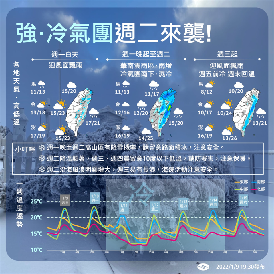 周二北台灣天氣濕又冷，且愈晚愈冷。(圖/氣象局)