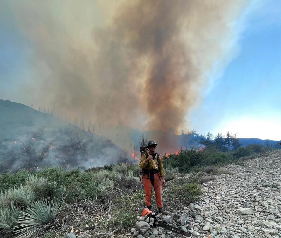 Firefighters work at the Vista Fire in the San Bernardino National Forest on Thursday, July 18, 2024.