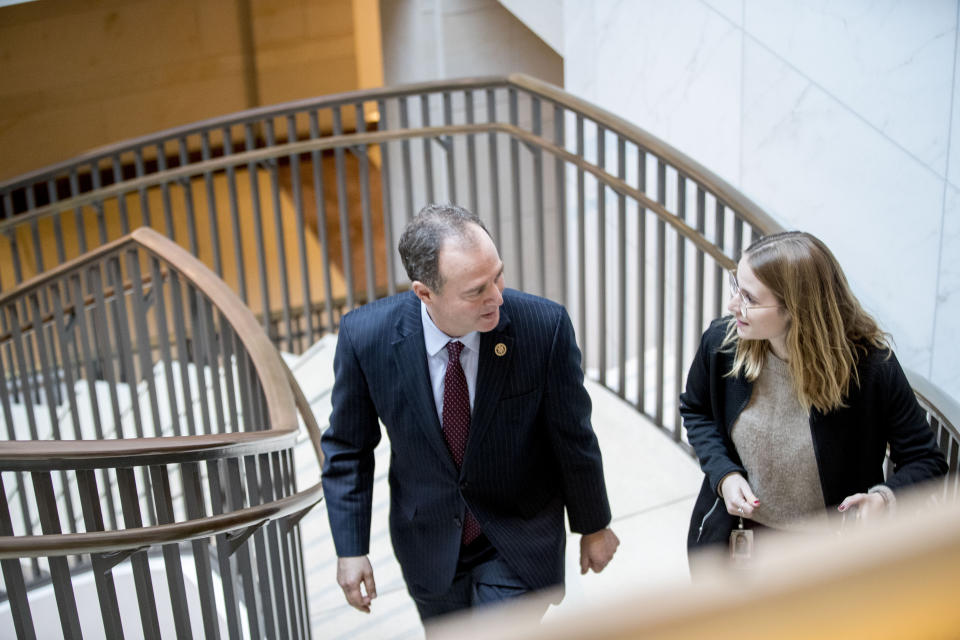 House Intelligence Committee Chairman Rep. Adam Schiff, of Calif., leaves a closed door meeting where Michael McKinley, a former top aide to Secretary of State Mike Pompeo, testifies as part of the House impeachment inquiry into President Donald Trump, on Capitol Hill in Washington, Wednesday, Oct. 16, 2019. (AP Photo/Andrew Harnik)