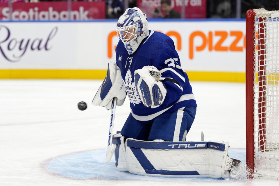 Toronto Maple Leafs goaltender Ilya Samsonov makes a save against the Detroit Red Wings during the second period of an NHL hockey game Saturday, April 13, 2024, in Toronto. (Frank Gunn/The Canadian Press via AP)