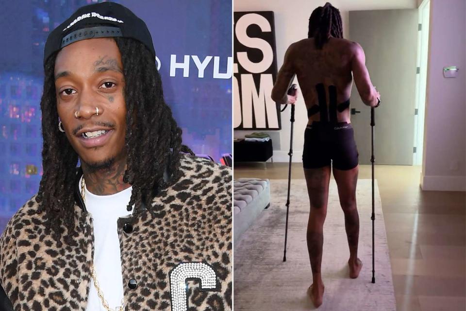 <p>Steve Granitz/FilmMagic; Twitter/wizkhalifa</p> Wiz Khalifa walking with two canes after injuring his pelvis