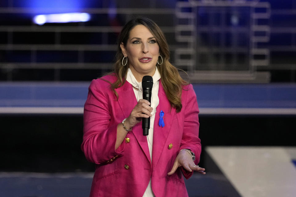 FILE - Republican National Committee chair Ronna McDaniel speaks before a Republican presidential primary debate hosted by NBC News, Nov. 8, 2023, at the Adrienne Arsht Center for the Performing Arts of Miami-Dade County in Miami. In the past few weeks, NBC reversed a decision to hire former Republican National Committee head McDaniel as a political contributor following a revolt by some of its best-known personalities. (AP Photo/Rebecca Blackwell, File)