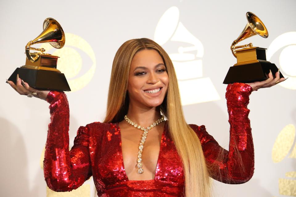 LOS ANGELES, CA - FEBRUARY 12: Singer Beyonce poses in the press room with her awards for Best Music Video for "Formation" and Best Urban Contemporary Album for Lemonade" at The 59th GRAMMY Awards at Staples Center on February 12, 2017 in Los Angeles, California. (Photo by Dan MacMedan/WireImage)