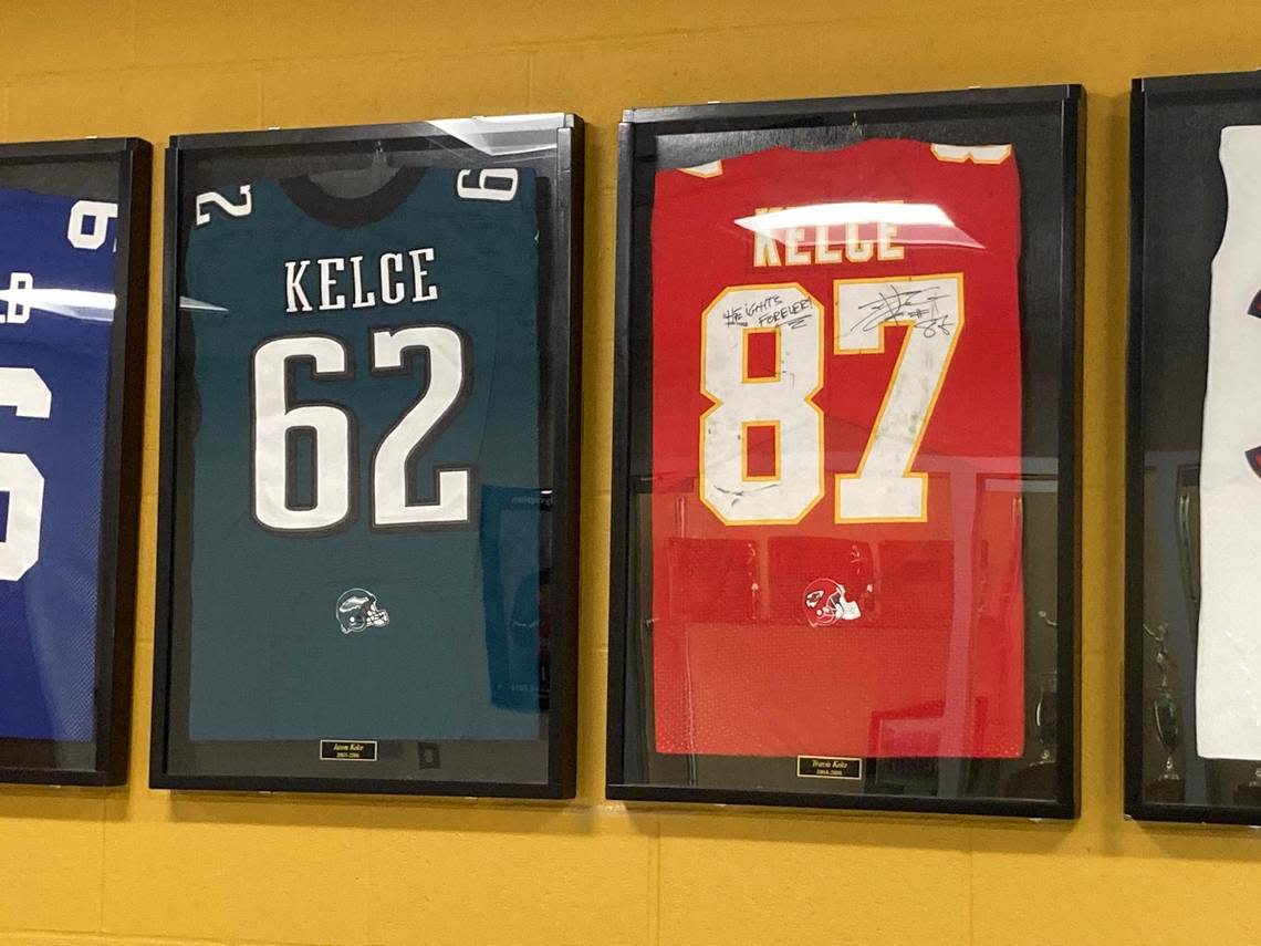 Brothers Jason and Travis Kelce’s jerseys hang in their alma mater, Heights High, in Cleveland Heights, Ohio. Jason graduated in 2006; Travis in 2008.