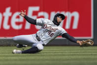 Detroit Tigers outfielder Wenceel Pérez (46) catches a fly ball hit by Minnesota Twins outfielder Austin Martin during the eighth inning of a baseball game, Saturday, April 20, 2024, in Minneapolis. Minnesota won 4-3. (AP Photo/Stacy Bengs)