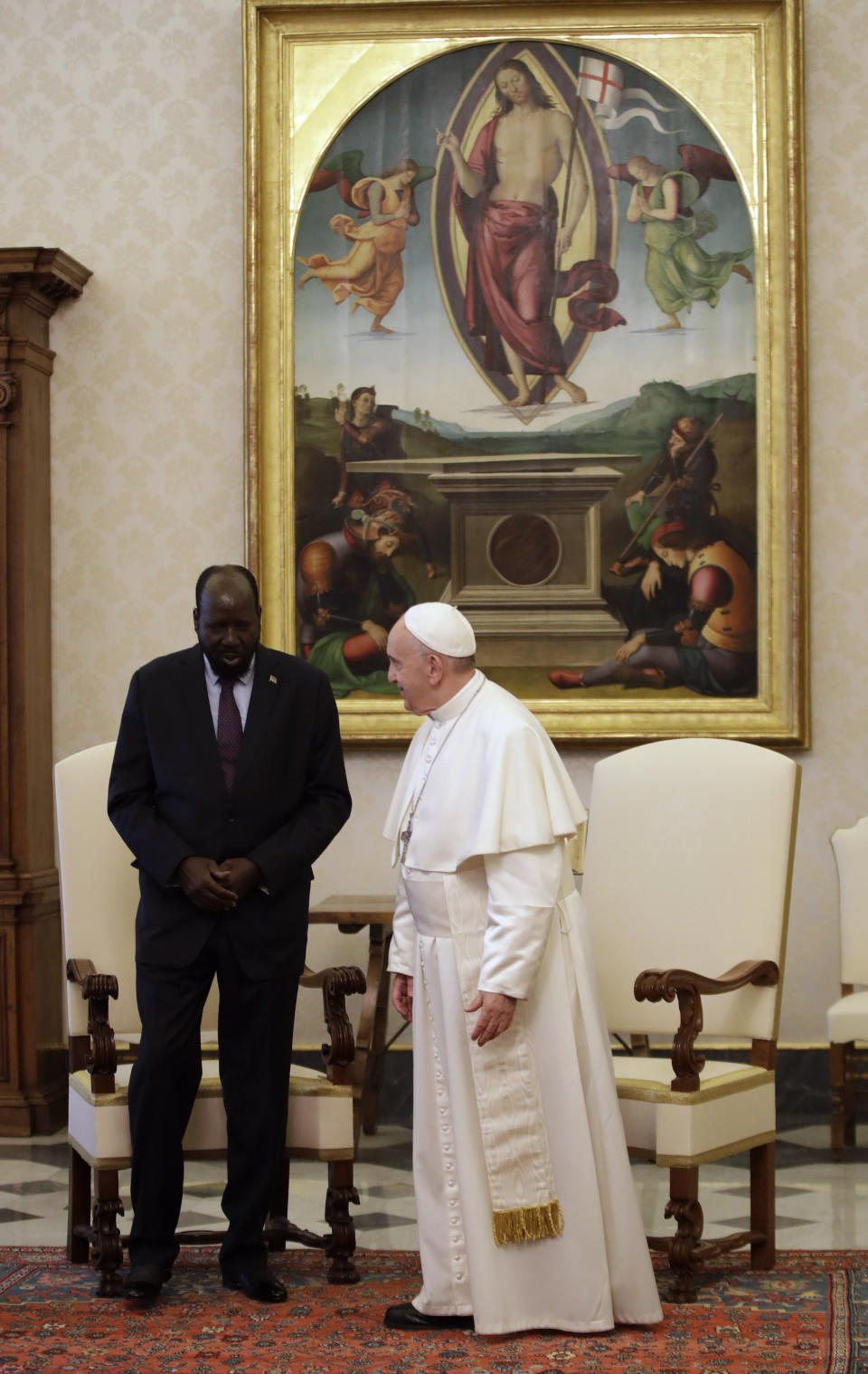 Pope Francis meets South Sudan President Salva Kiir Mayardit during a private audience at the Vatican, Saturday, March 16, 2019. (AP Photo/Alessandra Tarantino, Pool)