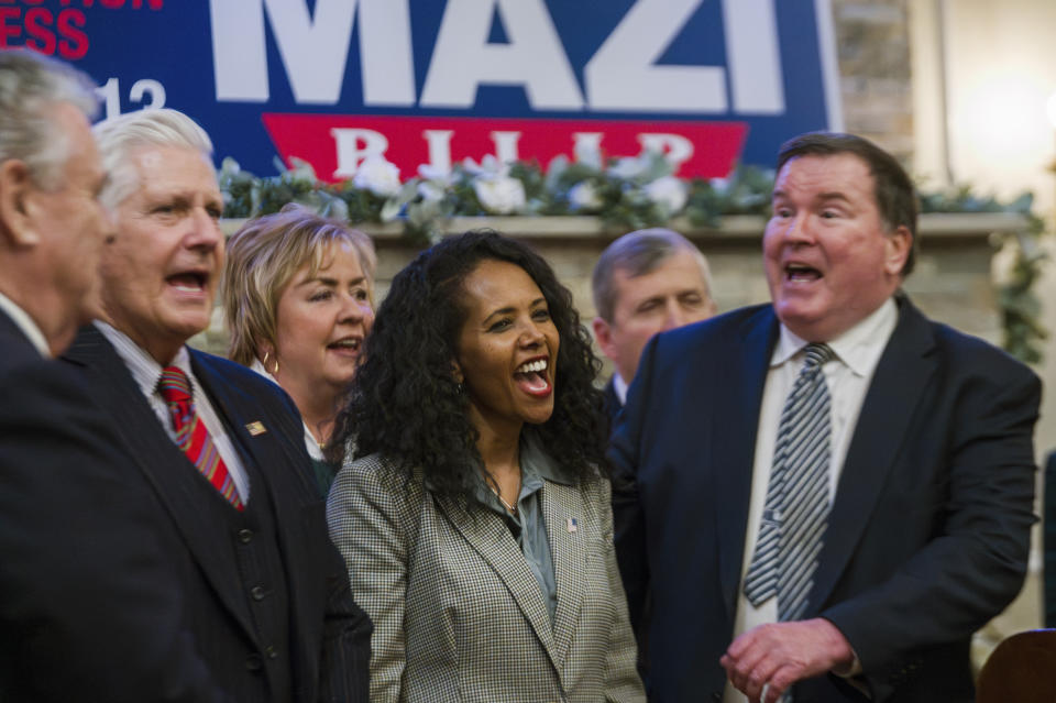 Congressional candidate Mazi Pilip greets attendees at her GOP fundraiser event hosted by the Nassau County Republican Committee on Monday, Feb. 5, 2024, in Jericho, New York. The Tuesday contest for New York’s District 3 House seat held by George Santos until his recent expulsion is shaping up to be a bellwether in the fight for control of Congress, with Pilip pitted against GOP candidate former U.S. Rep Tom Suozzi. (AP Photo/Brittainy Newman)