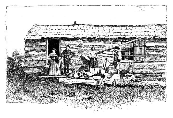 Illustration of a pioneer family standing outside their log cabin. A woman, man, two additional women, and a man are posed near wooden logs and tools